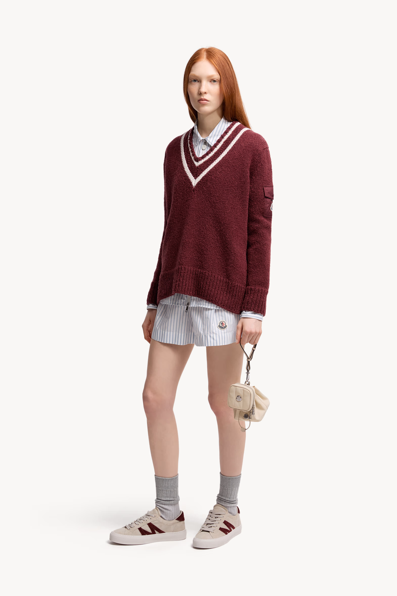Padded V-Neck Cotton & Wool Blend Sweater Women Burgundy Moncler 0